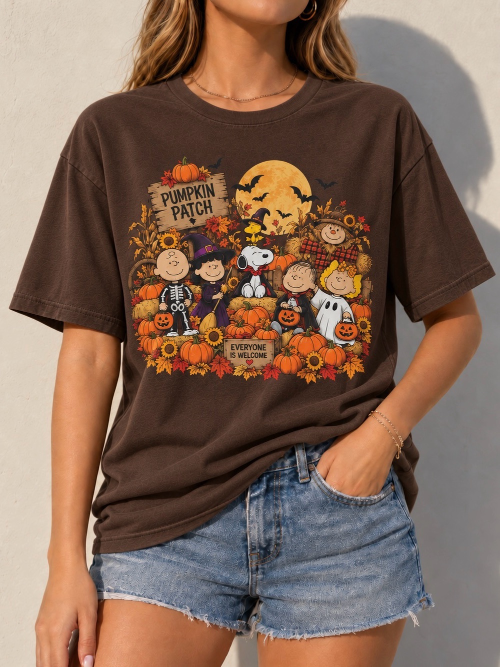 Dark chocolate Snoopy Pumpkin Patch Spooky Fall Aesthetic Womens Tee Shirt